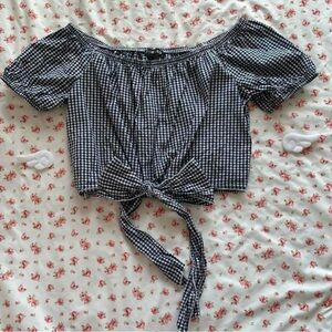 Navy and white gingham milkmaid top